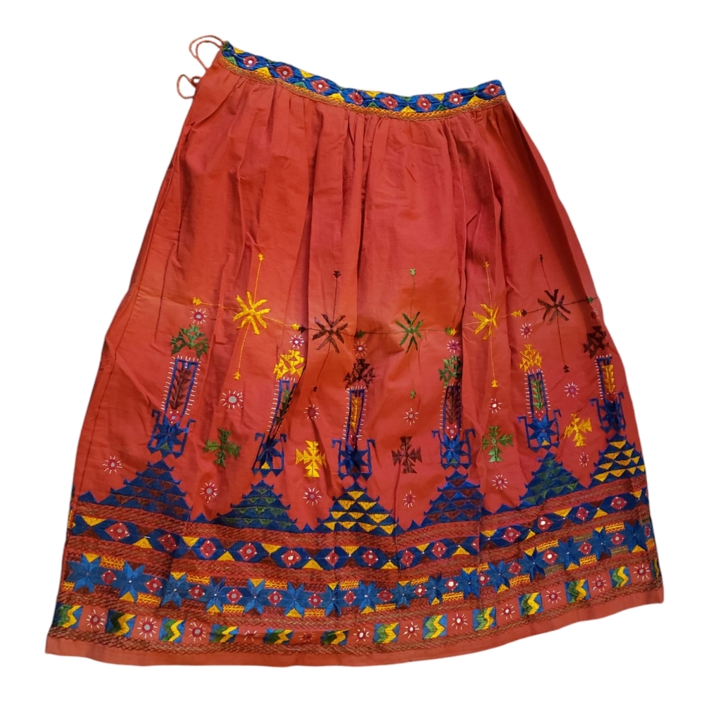 Handmade L/XL Skirt OOAK Embroidered Mexican Aztec Southwestern Navajo Orange